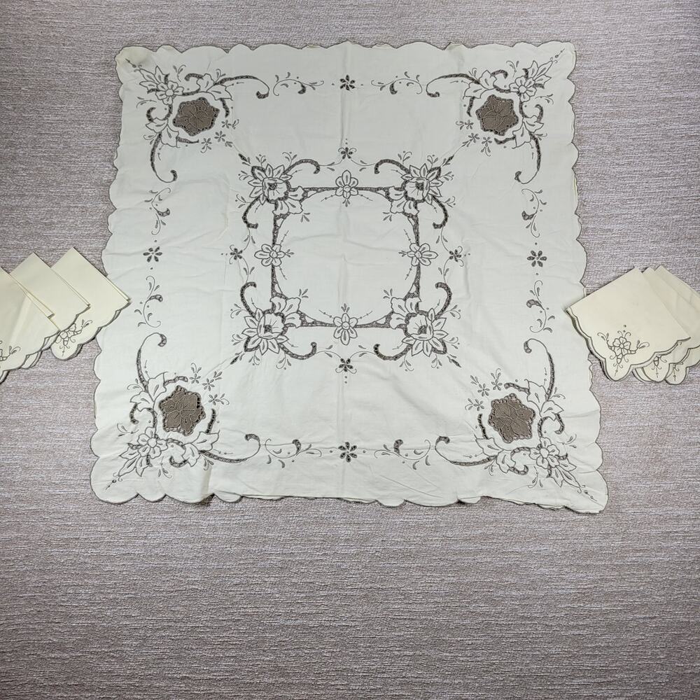Vintage Handmade Cutwork Embroidered Tablecloth 29.5x31 Ivory Lace Floral